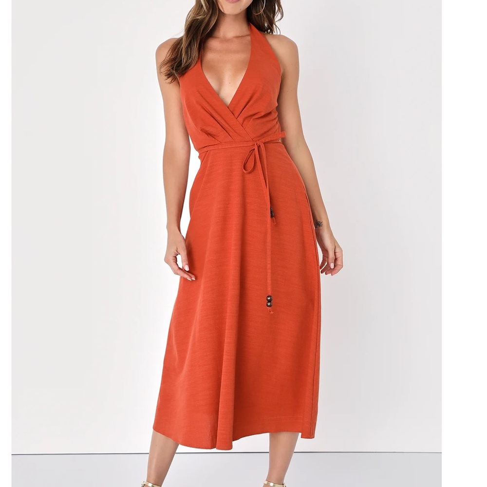 NWT Spicy Sugar Rust Orange Linen Halter Boho Midi Dress Size 12